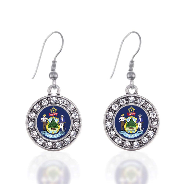 Inspired Silver - Maine Flag - Silver Dangle Earrings for Women - Circle Charm Earrings French Hook Drop with Cubic Zirconia - Women's Dangly Earrings Jewelry Gift