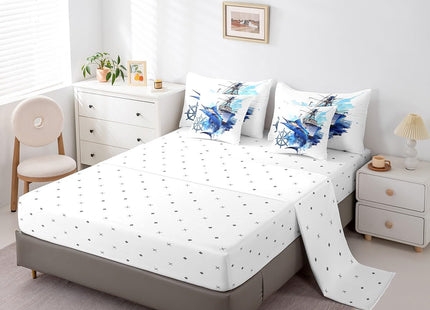 Feelyou Blue Big Pike Fishing Comforter Set with Sheets Summer Hunting and Fishing Ocean Themed 7 Piece Bedding Set Kids Boys Sailboat Compass Bass Big Fish Bed in a Bag Independence Day Queen Size