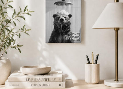 Black and White Bear Bathroom Wall Art, Funny Framed Canvas Decor