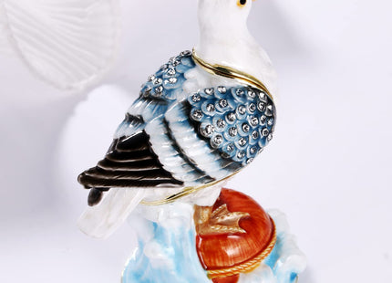 Hand Painted Enamel Seagull Trinket Box for Home Decor, Hinged Jewelry Organizer for Ring Earrings, Unique Figurine Keepsake Collectible Personalized Elegant Handmade Ornament Gifts (White Seagull)