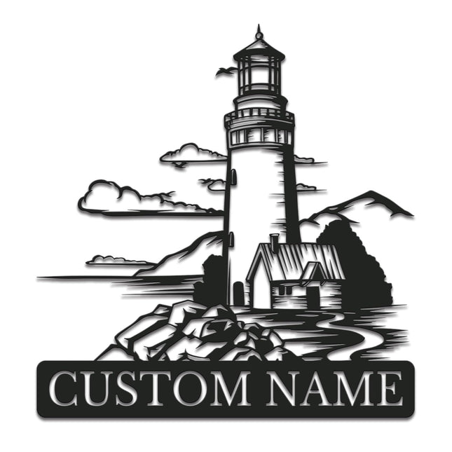 Personalized Lighthouse Metal Wall Art - Custom Nautical Name Sign, Outdoor Beach House Decor, Coastal Wall Decor Gift for Beach Lovers (Lighthouse A)