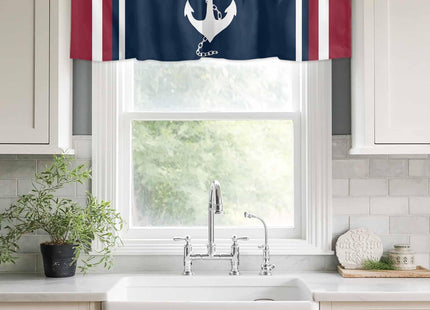 Savannan Nautical Valances, Nautical Anchor Red White Stripes Navy Blue Rod Pocket Cafe Valance Short Window Curtains Valances for Kitchen, Bedroom, Living Room, 1 Panel, 42InchesX12Inches