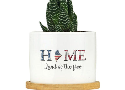 DreamAutumn Home Land of The Free Maine Planter Ceramic Round Plant Pots with Drainage Holes and Bamboo Tray Planting Small Flower Pots for Home Windowsill Desk Garden Indoor Outdoor Use