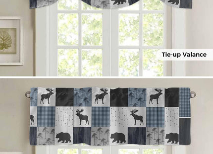 Retro Countryside Bear Moose Tie Up Curtain Valance for Windows/Living Room/Kitchen/Bathroom Farmhouse, Grey Blue Buffalo Plaid Short Rod Pocket Rustic Cabin Curtain Window Treatment, 1 Panel 54x18