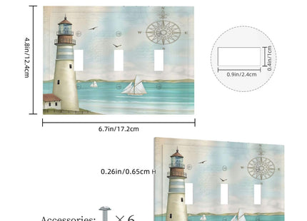 Nautical Lighthouse Ocean Coastal Compass 3 Gang Light Switch Covers Decorative Triple Toggle Wall Plate Electrical Faceplate Switchplate for Country Bathroom Bedroom Home Decor