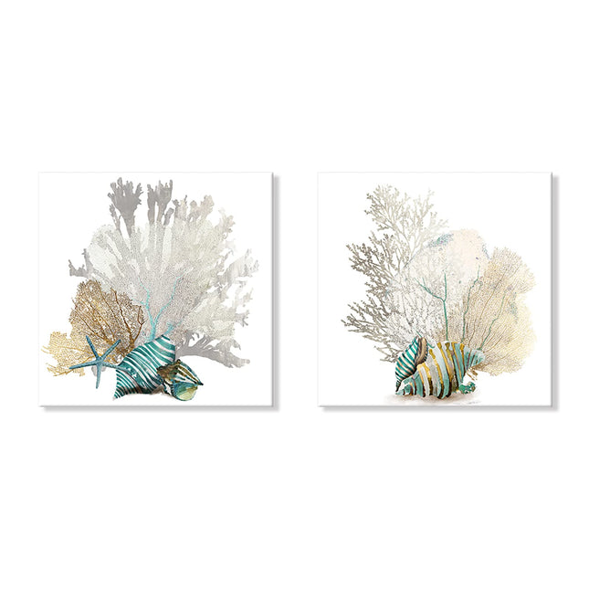 JAPO ART White Coral Wall Art Beach Bathroom Decor Sea Shell Pictures Coastal Wall Decor Sea Fan Nautical Painting Coral Pictures for Livingroom Bedroom Home Walls 16x16Inchx2pcs