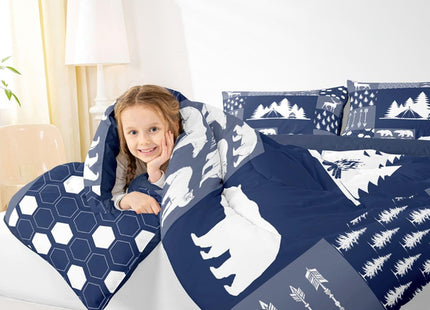 Erosebridal Camper Bedding Set Twin Rustic Farmhouse Camping Comforter Set,Bear Deer Woodland Animal Comforter for Kids Boys Girls,Patchwork Geometric Hexagon Arrow Decor Quilt Duvet Navy Blue 2 Pcs