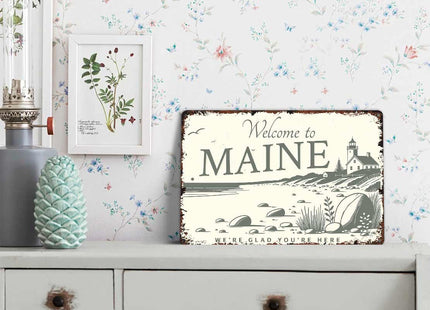 Welcome Maine Coastal Vintage Aluminum Metal Sign 12x8 Inch