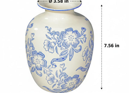 Wancetang Blue and White Chinoiserie Vase for Home Decor- 7 Inch Ceramic Floral Vase for Pampas Grass, Night Stand, Coastal, Kitchen Island, Dining Table Decor