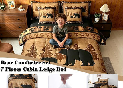 Feelyou Bear Comforter Set King Size 7 Pcs Cabin Lodge Bed in a Bag Rustic Wild Animals Bedding Farmhouse Hunting Bed Set with Sheets, Pillowcases, Pillow Covers