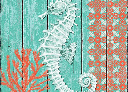 Gango Home Décor 4 Lovely Teal and Coral Ocean Seashell Sand Dollar Seahorse Star Fish Collage; Nautical Decor; Four 12 by 12-Inch Canvases