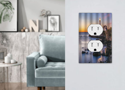 Lighthouse Sunrise Foggy Seascape 1 Gang Duplex Light Switch Cover Decorative Outlet Covers Wall Plate Electrical Faceplate Receptacle Home Switchplate for Bathroom Kitchen Decor