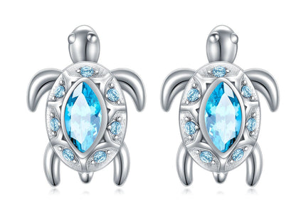 Sterling Silver Sea Turtle Studs with Simulated Aquamarine Birthstone, Sea Turtle Jewelry Gifts for Women