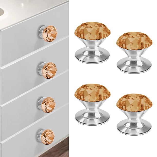 CcHhyyt 4 Pcs Crystal Adhesive Knobs Stick On Cabinet Handle Amber K9 Crystal Pulls Peel and Stick Dresser Pulls for Mirror Cabinet Drill Free Knobs for Glass Sliding Doors Fish Tank Lid Terrarium