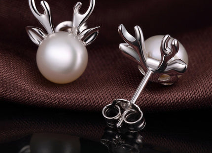 Silver Deer Reindeer Stud Earrings for Women 925 Sterling Silver Deer Pearl Earrings 8mm Deer Christmas Jewelry Han han