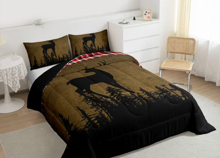 Erosebridal Rustic Farmhouse Bedding Set Deer Hunting Comforter Set Twin, Brown Tie Dye Bedding Comforter Sets Red Buffalo Plaid Duvet, Woodland Pine Tree Quilted Comforter Animal Theme Bedroom Decor