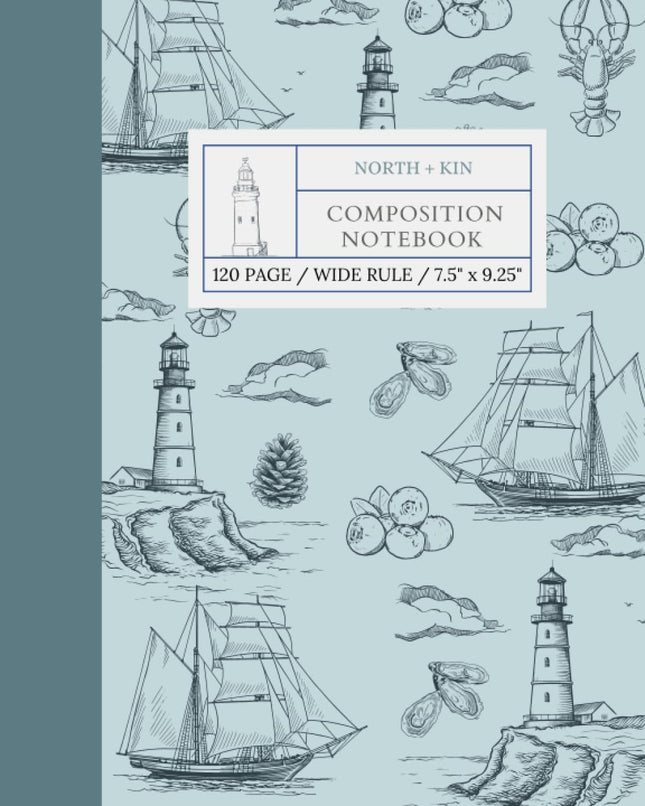 Maine Lighthouse Coastal Toile Composition Notebook |120 Wide Rule Notebook
