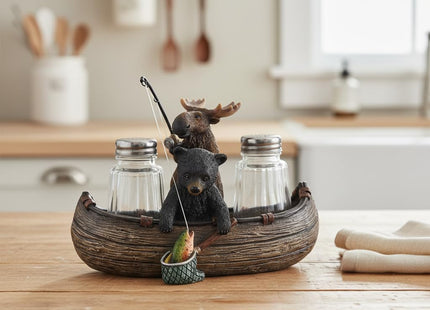 Comfy Hour Bear Salt and Pepper Shakers with Holder, Moose Canoe Set