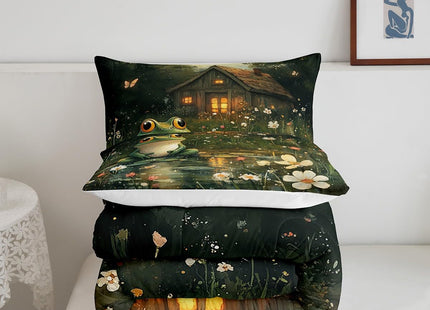 Manfei Lodge Frog Comforter Set,Rustic Cabin Jungle Wild Animal Starry Bedding Set for Kids Teens Bedroom,Nature Daisy Flowers Lake Lotus Leaves Quilt Set 2 Pcs with 1 Pillowcase,Twin