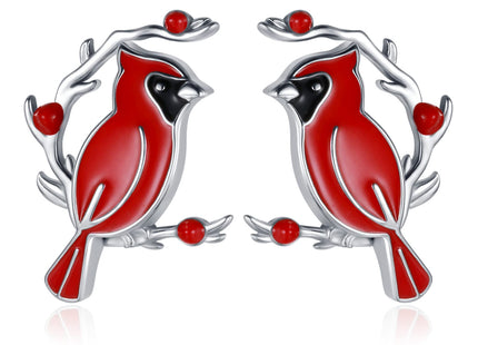 Sterling Silver Red Cardinal Earrings Memorial Studs Drop Earrings Jewelry Gift for Women (Branch Cardinal Studs Earrings)
