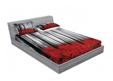 Ambesonne Forest 2 Pack Fitted Sheet & Pillow Sham Set, Foggy Woodland, 4 Pcs Bedding Decor, Package Contains 2 Calking Size Fitted Sheets & 4 Pillow Covers, Pale Grey Black and Red