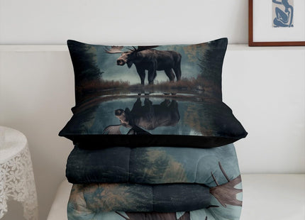 Castle Fairy Lodge Cabin Bedding Sets Twin Size 2 Pcs 3D Moose Jungle Wild Animal Comforter Set for Kids Teens Adults Natural Pine Trees Scenery Rustic Style Comforter Duvet Set with 1 Pillowcase