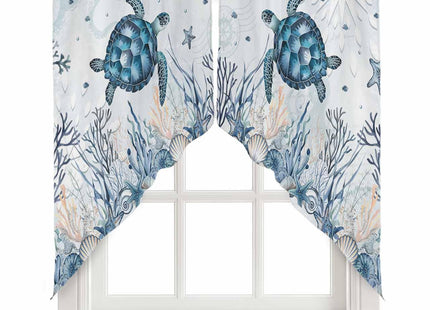 Lsrtoss Blue Sea Turtle Swag Valances for Windows, Kitchen Curtains 36 Inch Length 2 Panels Set, Beach Coastal Nautical Ocean Coral Short Curtain for Small Windows Rod Pocket Cafe 28"x36"