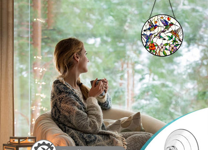Hummingbird and Flowers Stained Glass Window Hanging - 8″ Hummingbird Suncatcher Indoor Window Hanging Decor Birds Ornaments with Chain and Hooks - Hummingbird Gifts for Women Mom Grandma Bird Lovers