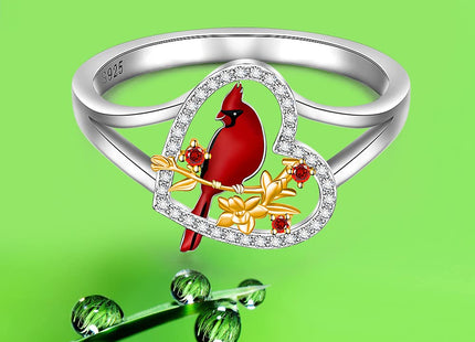 Fenthring Red Cardinal Gifts Rings for Women Sterling Silver Cardinal Ring