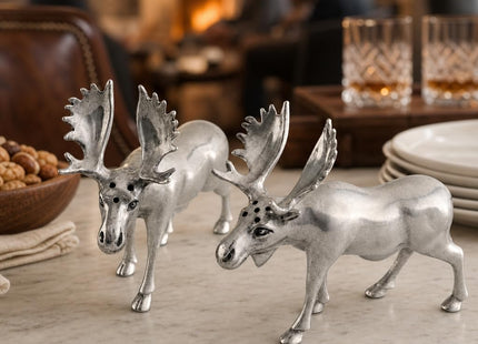 Vagabond House Moose Salt and Pepper Set - Rustic Pewter Shakers for Lodge Decor - 4.5 Inch Tall
