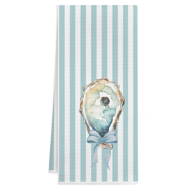 KAOWT Blue Coastal Striped Oyster Kitchen Towels Decor, Coquette Bow Beach Nautical Dish Tea Towels for Kitchen, Oyster Shell Decorative Hand Towel for Bathroom, 16x24 Inch