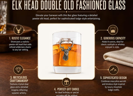 Vagabond House Elk Head Double Old Fashioned Glass - Premium Pewter Accents - 8 oz Whiskey Tumbler - Lodge Style Barware - 4.25 inch Tall