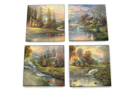 Thomas Kinkade Mountain Scenes Mountain Cabin Sunset 4 x 4 Coaster Set