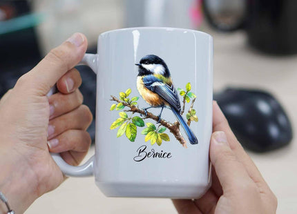 Yossbe Chickadee Coffee Mug, Personalized Chickadee Tea Cup With Name, Chickadee Bird Lover Mugs Gift For Men Women, Chickadee Cups For Birthday, Adorable Chickadee Bird White Ceramic Mug 11oz 15oz