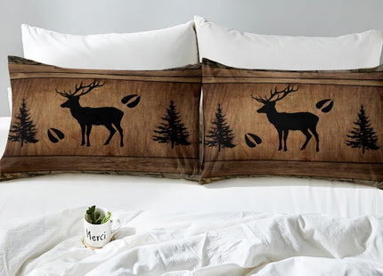 Manfei Rustic Deer Sheet Set Queen Size, Black Tree Deer Paw Print Bed Sheet Set 4pcs with Deep Pocket Fitted Sheet + Flat Sheet + 2 Pillowcases, Brwon Wooden Plank Bedding Set for Kids Boy Room Decor