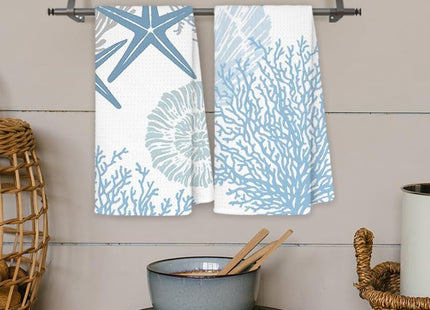 JINYO Beach Kitchen Towels Set of 2, Blue Seashell Coral Starfish Coastal Beach Ocean Hand Towels for Bathroom Kitchen Decor, Summer Nautical Decorative Dish Tea Towels