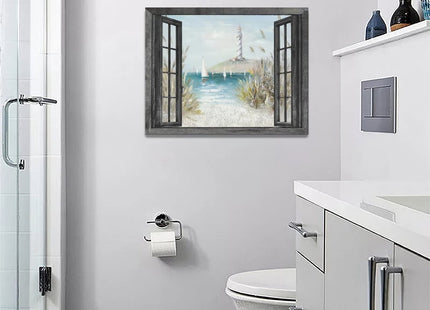 Nautical Lighthouse Wall Art Coastal Beach Ocean Sailboat Bathroom Pictures Wall Decor 3d Window Canvas Prints Framed Modern Seascape Landscape Painting Artwork for Living Room Offic 16"x12"