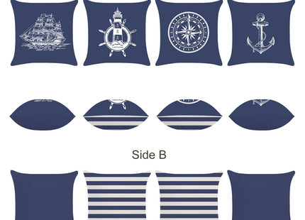 Bonhause Nautical Navy Blue Pillow Covers 18x18 Set of 4 Anchor Lighthouse Sailboat Compass Decorative Pillow Cases Linen Cushion Covers for Sofa Couch Bed Lake House Home Decor