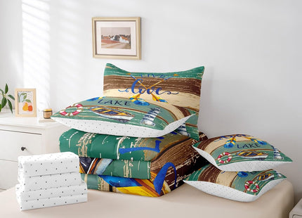 Erosebridal Lake House Bedding Set Full 7 Piece,Rustic Cabin Boating and Fishing Comforter Set with Sheets Paddles Lighthouse Nautical Bed in A Bag Green Brown Wooden Board Bed Set