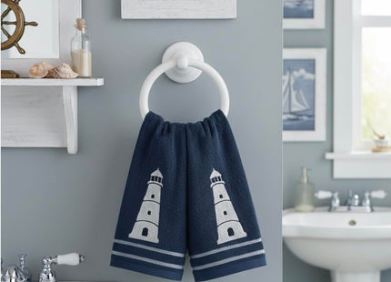 Coastal Guest Navy Fingertip Hand Bathroom Towels, White Lighthouse, 12x18"