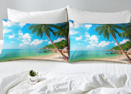 Erosebridal Ocean Beach Fitted Sheet Twin Size Palm Trees Bed Sheet Set Coastal Nature Theme Bed Cover for Kids Boys Girls Teens, Hawaiian Bedding Set, Blue White Room Dorm Decorative
