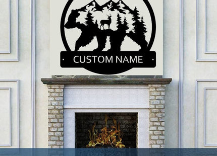 Deer Bear Forest Custom Name Sign Metal Wall Art Personalized Last Name Plaque Outdoor Metal Wall Art Personalized Gift for Wedding/Housewarming