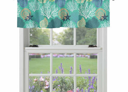 Coastal Valance Curtains for Windows Starfish Shellfish Kitchen Curtains Window Treatment Aqua Green Beach Coral Curtain Rod Pocket Valances for Kitchen Bathroom Living Room 54x18 inch, 1 Panel