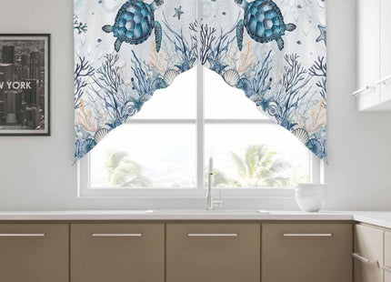 Lsrtoss Blue Sea Turtle Swag Valances for Windows, Kitchen Curtains 36 Inch Length 2 Panels Set, Beach Coastal Nautical Ocean Coral Short Curtain for Small Windows Rod Pocket Cafe 28"x36"