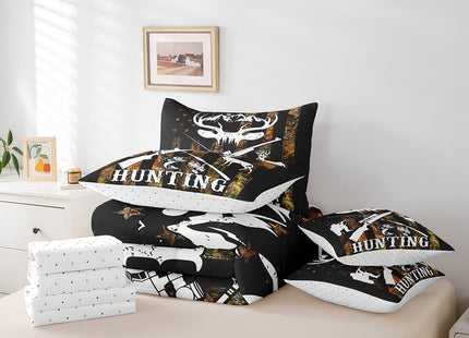 7 Piece Hunting Theme Bed in a Bag American Flag Sheet Set Wild Animal Deer Big Pike Fish Print Bedding Set with Comforter Rustic Farmstyle Fitted Sheet Usa Flag Decor Cushion Covers Full Size