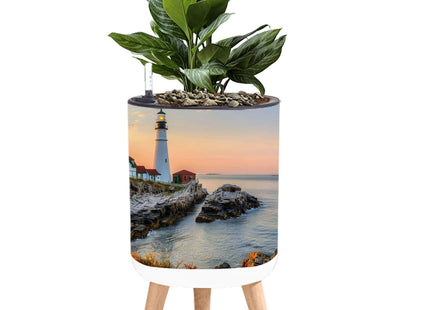 JWHFZMANPYK 8.7" Planter with Stand Portland Head Lighthouse Maine Sunset Indoor Self Watering Plant Pot with Legs Water Inlet & Water Level Indicator Lazy Flower Pot Boho Decor