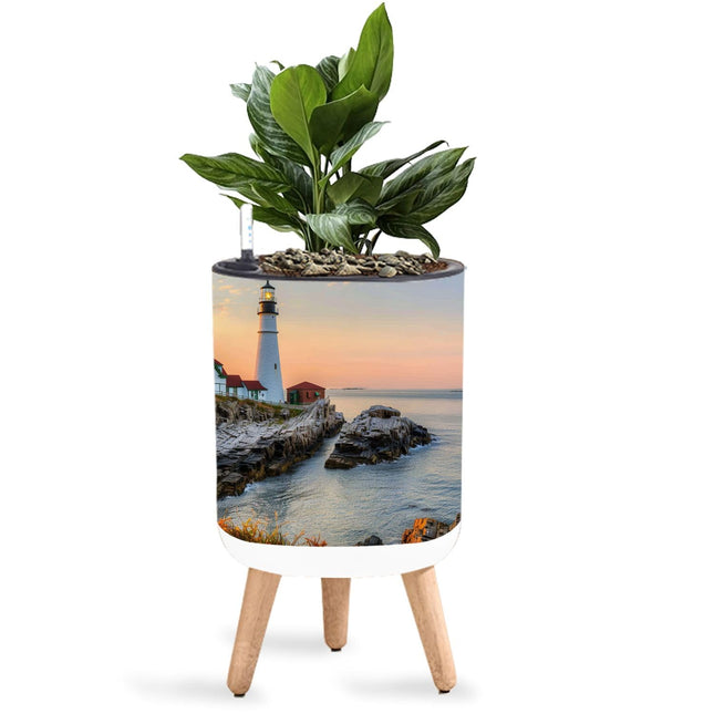 JWHFZMANPYK 8.7" Planter with Stand Portland Head Lighthouse Maine Sunset Indoor Self Watering Plant Pot with Legs Water Inlet & Water Level Indicator Lazy Flower Pot Boho Decor
