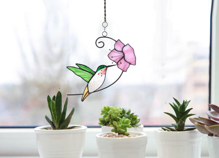 Lolitarcrafts Hummingbird with Flower Stained Glass Suncatcher Bird Stained Glass Window Hangings Hummingbird Gift for Home Decor (Green with Flower)