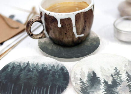 Lahome Forest Pattern Coasters - Round Drinks Absorbent Stone Coaster Set with Ceramic Stone and Cork Base for Kinds of Mugs and Cups (Forest, 4)