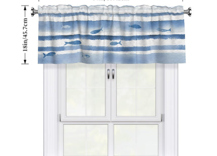 Granbey Nautical Coastal Valances for Windows Blue and White Striped Kitchen Curtain Fish Aquatic Print Beach Themed Window Valance with Rod Pocket Light Filtering 54 x 18 Inch, 1 Pack